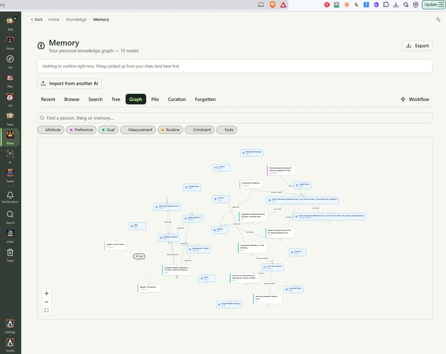 Remembered preferences, goals, and routines browsable in Enactra