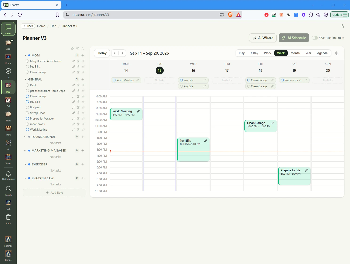 Tasks and calendar events laid out for week planning in Enactra
