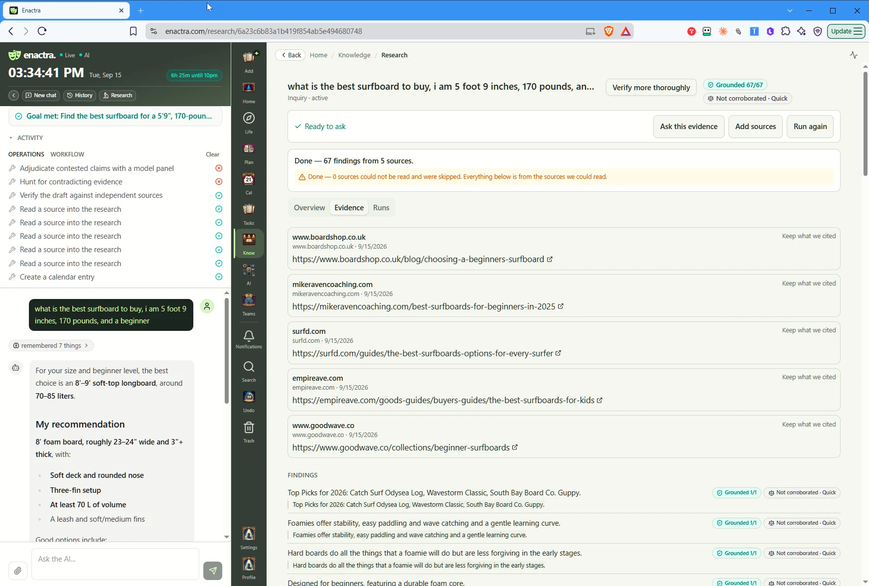Research findings listed with their source references in Enactra